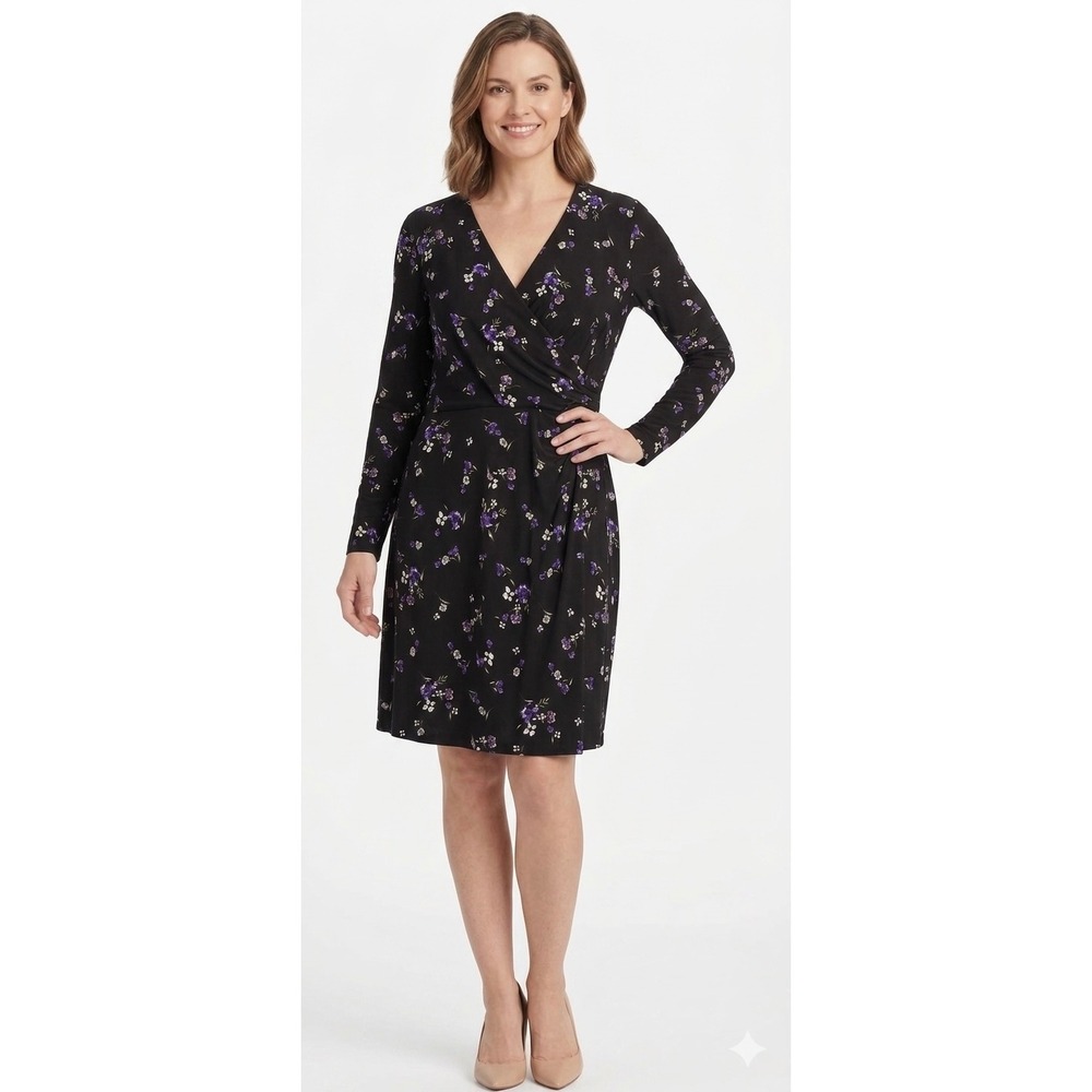 Lauren Ralph Lauren Black Purple Floral Long Sleeve Dress Size 12 NEW